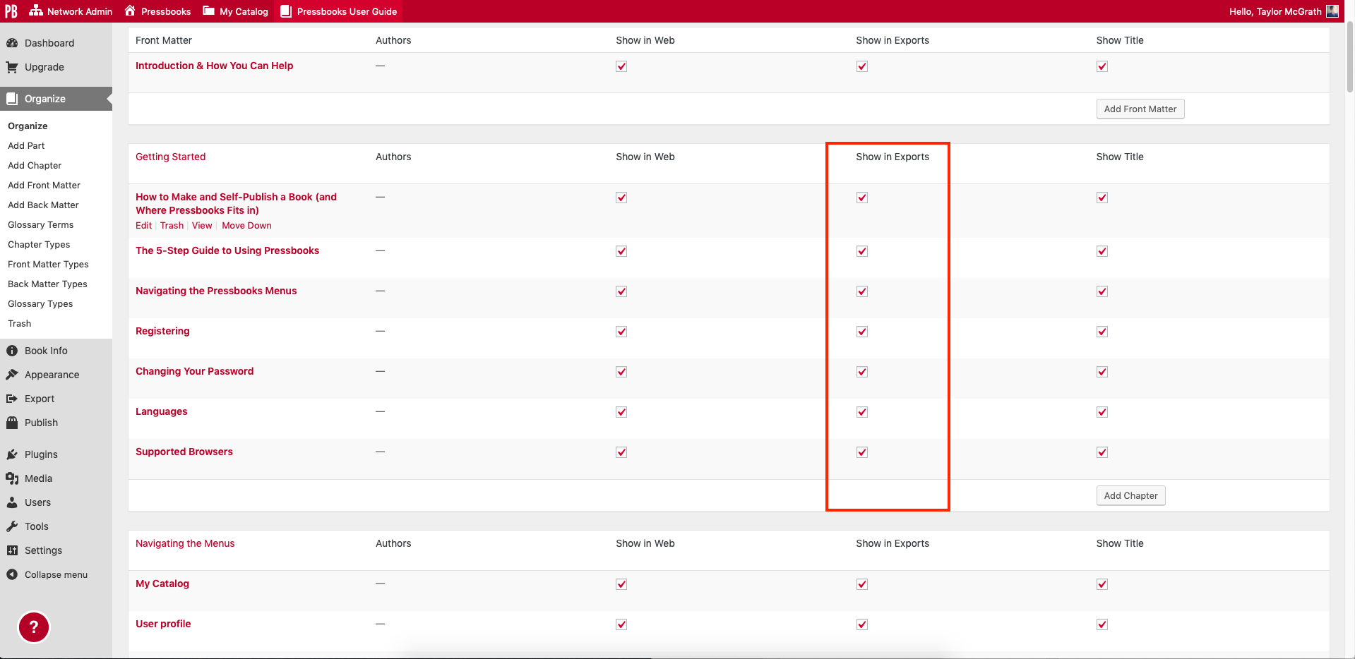 Show in Exports column on the Organize page