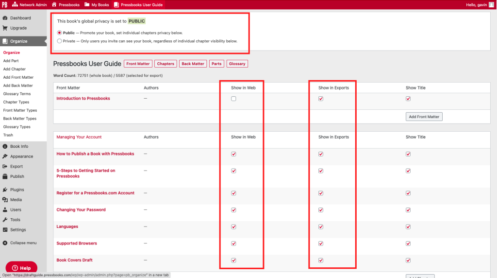 Highlighting the book privacy and export settings in the Organize menu