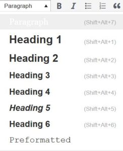 A drop-down menu showing a list of heading options in Pressbooks